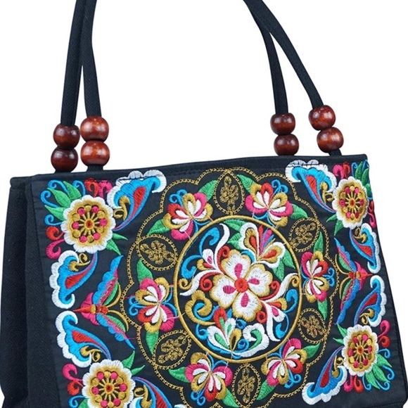 Stylish Floral Embroidered Handbag, Trendy Zipper Canvas Purses. - Picture 5 of 5